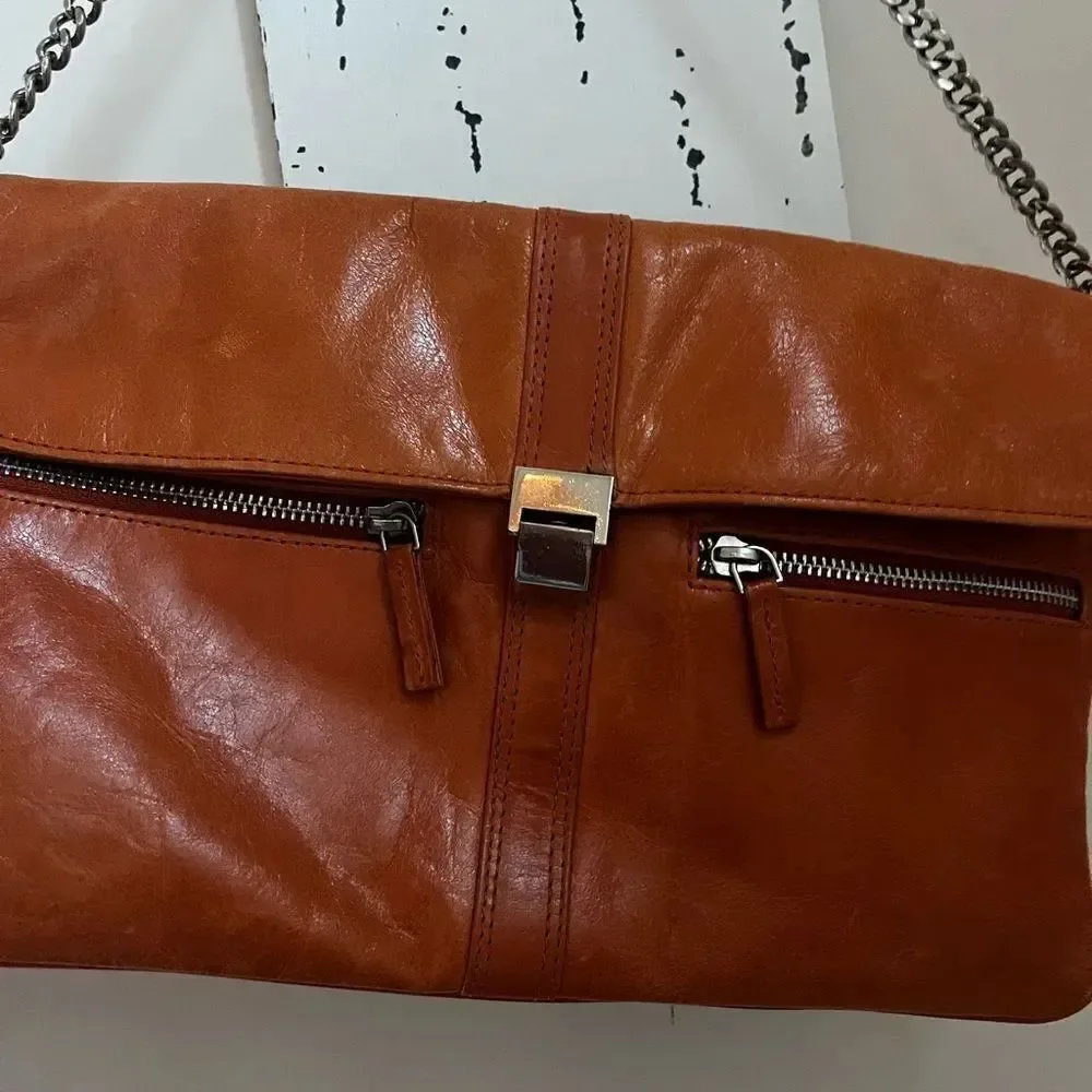 IRIS TYLER Elegant Tan Leather Shoulder Bag; measurements: 12x7 & 24 “ chain